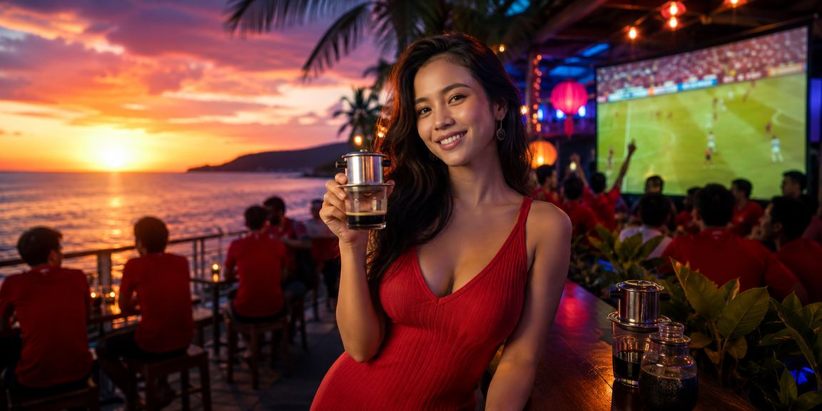 Người dùng Phú Quốc xem kèo bóng đá và kiểm tra thanh toán khi uống cà phê